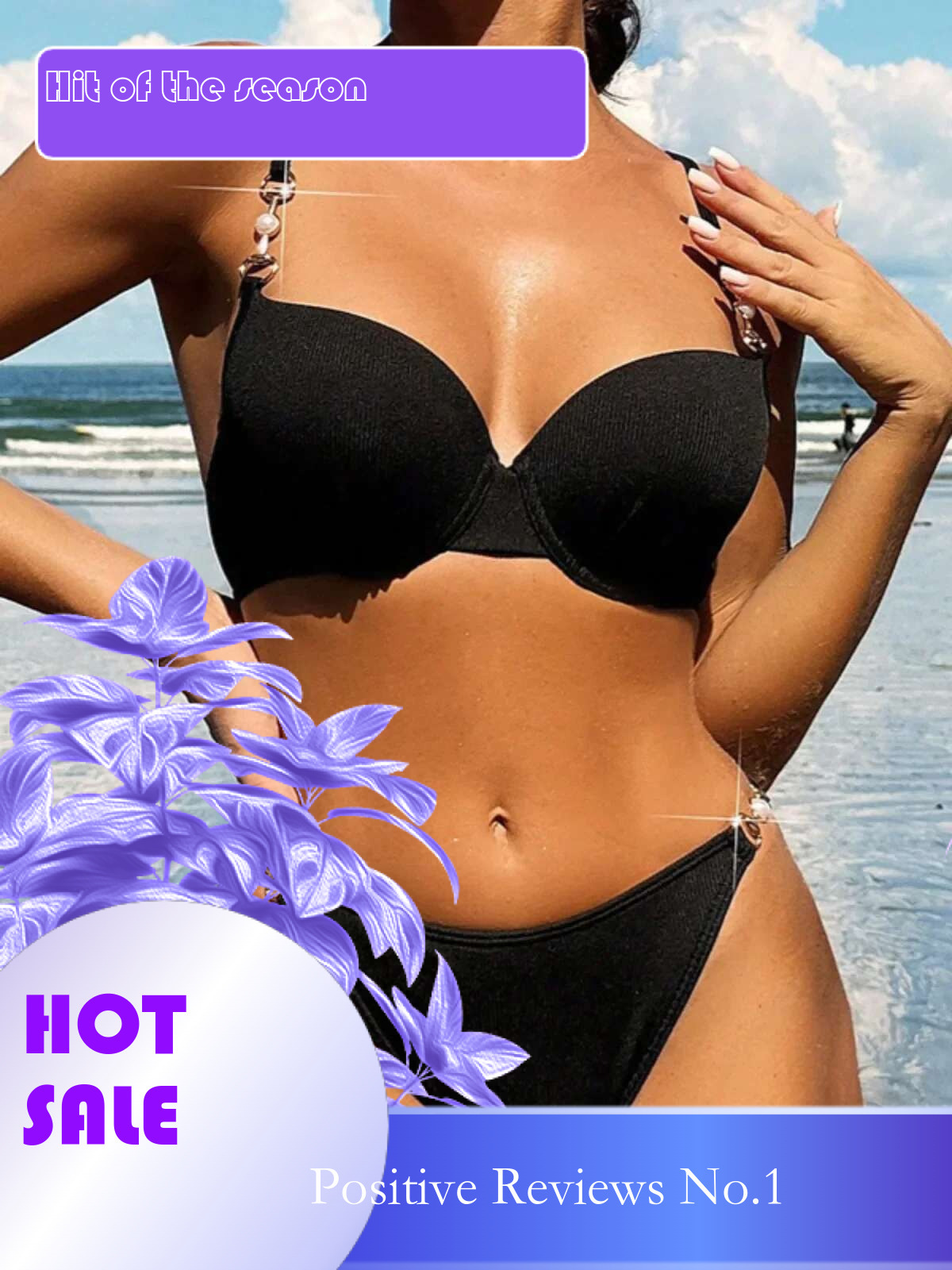 Dongdumaoyi Solid Color Women S Black Two Piece Swimsuit Pearl Accessories Sexy Bikini Set V Neck Suspender Backless Beach Vacation Swimwear