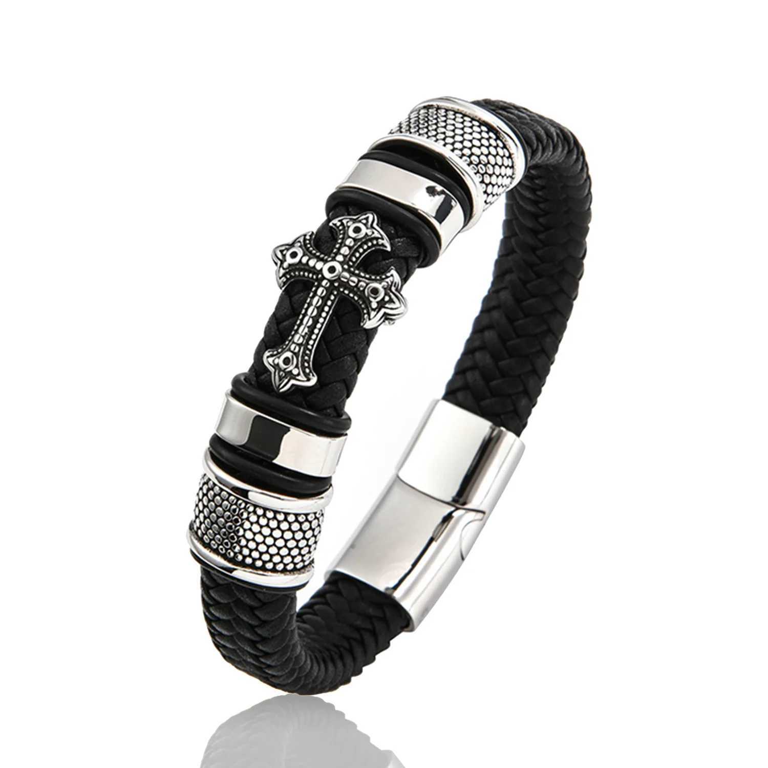 Fashion Religious ity Cross Bangles with Charms Chakra Men Classic Punk Leather Bracelet M Braided Mtilayer BracelC250408
