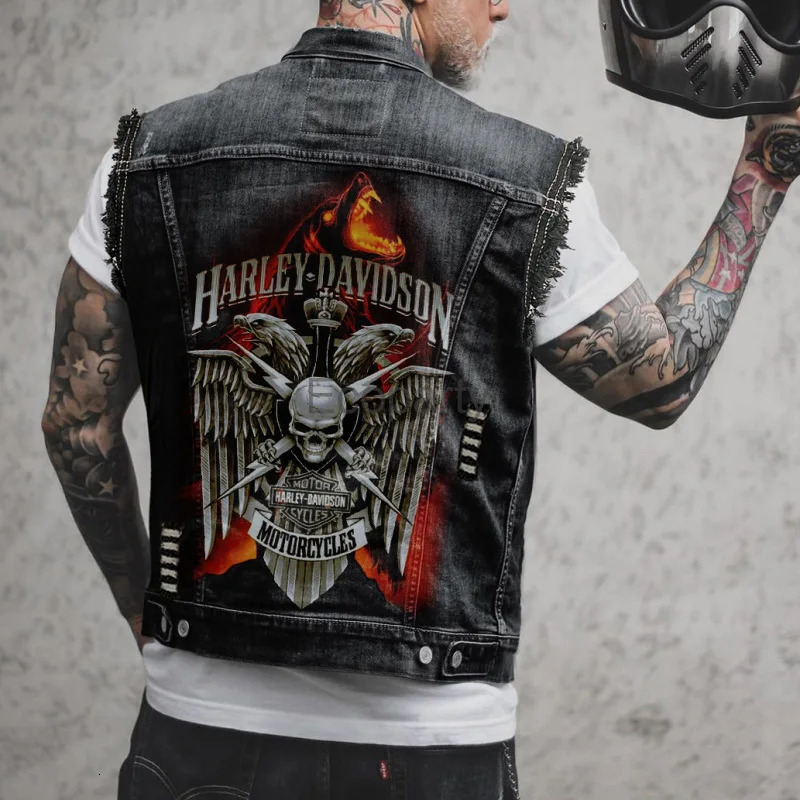 Mens fashion motorcycle vest with Spring and Autumn skull print Distressed Hole sleeveless punk denim jacket black streetwear 250407