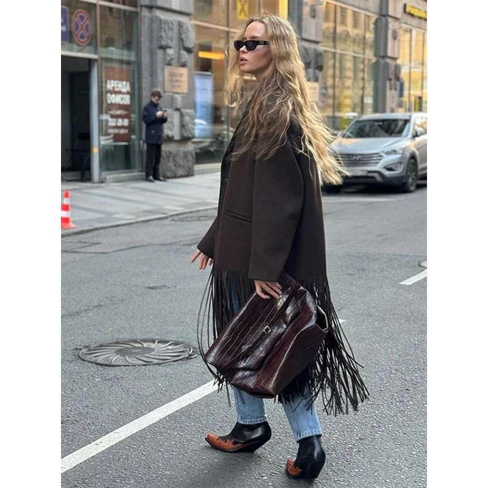 Fashion Woolen Tassels Long Coats For Women Turn-Down Collar Single Breasted Pockets Jacket Female Elegant Solid Lady Overcoats