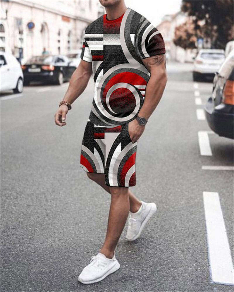 Summer Abstract Splicing Digital Printed T-shirt Set with Casual Sleeves Shorts, Two Piece Set, New Style, Unique and Elegant Clothing