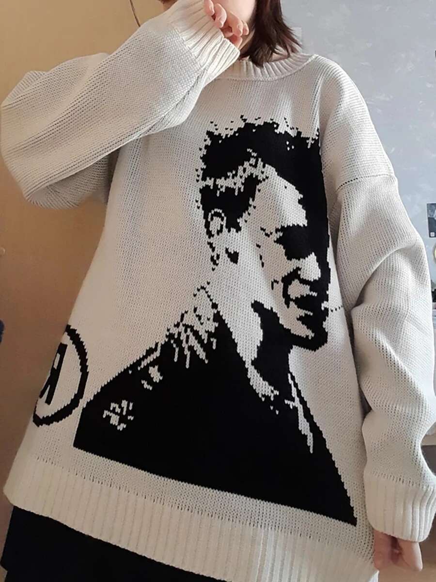 Men's y2k unisex fight club Loose Oversized Long Sleeve Y2K Streetwear 90s Vintage Print O Neck Pullover Sweater
