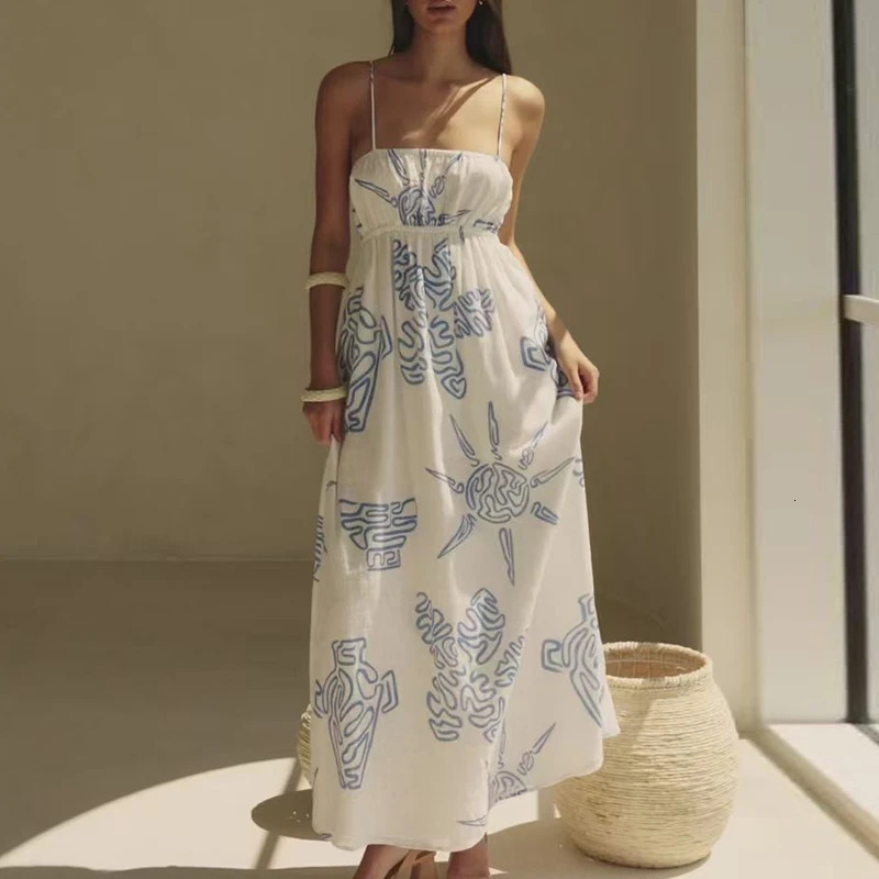 Casual pleated swaying womens summer floral print shoulder beach dress sexy hollow sleeveless high waisted long skirt 250401