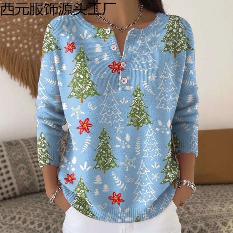 Independent New Retro 3D Digital Print Four-Button Stand Collar Polo Sweatshirt Women's Early Autumn