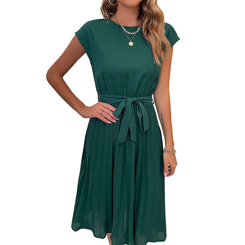 Hot selg popular European and American versatile simple explosive summer lace up solid color pleated dress, 2025 new casual fashion trend clothing