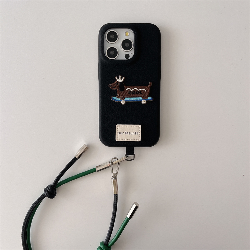 INS Embroidered Two-tone Lanyard Phone Case Compatible with iPhone 17/16/15 Niche Leather Case iPhone 14/13 Pro