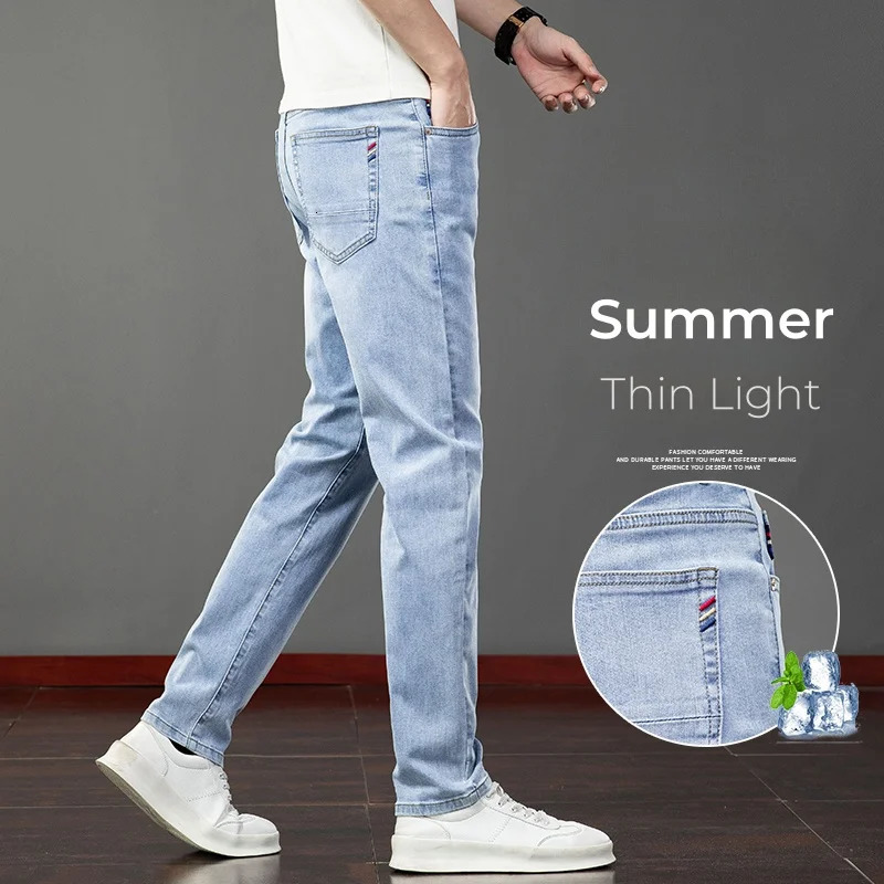 Summer ultrathin mens slim fit jeans blue gray elastic straight light business casual denim pants classic style 250401