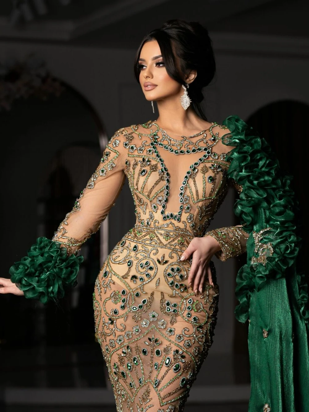 Vintage Crystal Evening Dresses Beading Illusion Mermaid Prom Gowns Ruffle Sleeves See Through Customized Sweep Train Princess Formal Occasion Party D