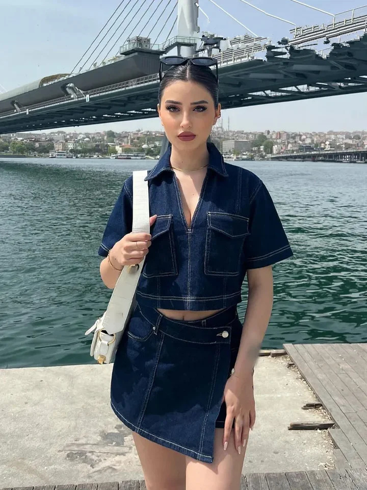 Fashion Flip Pocket Decoration Short Flip Collar Slim Fit Denim Top Asymmetric Denim Mini Skirt 2 Piece Set Outfits 250408