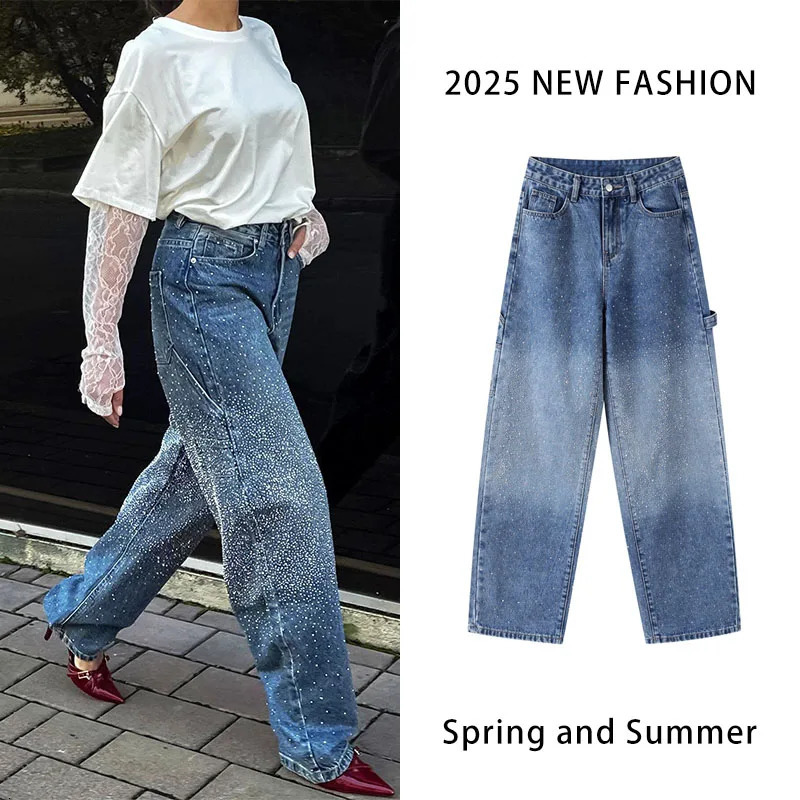 Diamond stud gradient straight leg jeans for women high waisted button up wide pants fashionable streetwear spring and summer styles 250407