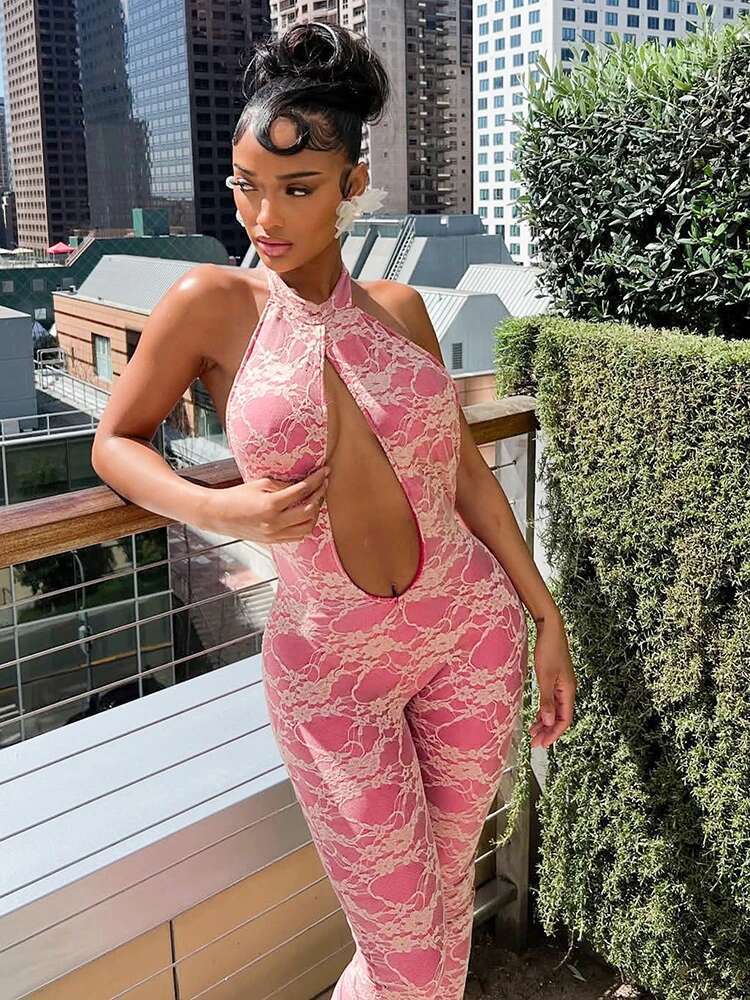 Weird Puss Mesh Patchwork Jumpsuit Women Irregular Hollow Halter Sexy Backless Skinny Peach Hip Hottie Hipster Overalls