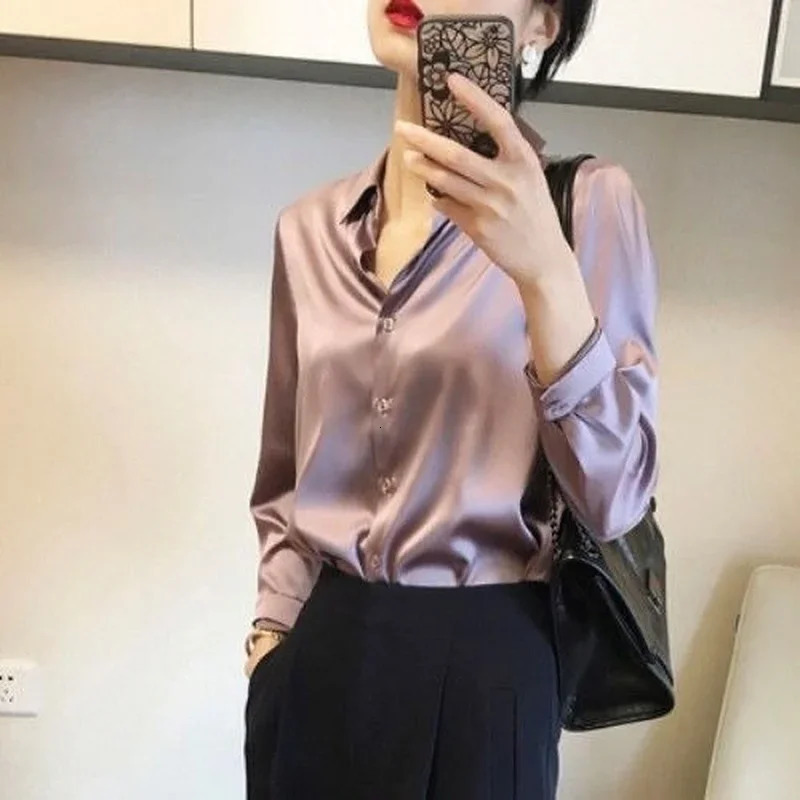 Silk Brown Clothes Wear to Work Outfits Long Sleeve Purple Spring Womens Formal Top Satin Womens Shirt and Cool Shirt 250402
