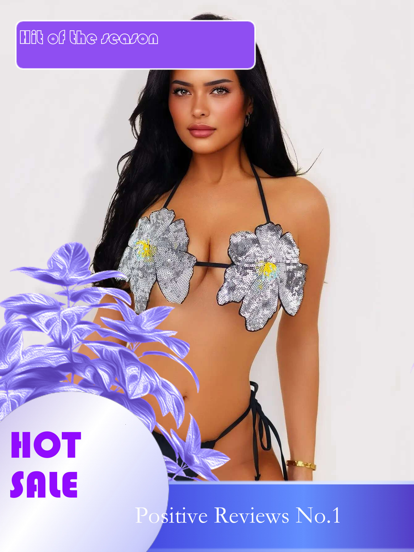 Dongdumaoyi Shiny Sequin Bikini Set Women Sexy D Floral Black Push Up Crop Bra Thong Swimsuit Brazilian Bathing Suit Micro Swimwear
