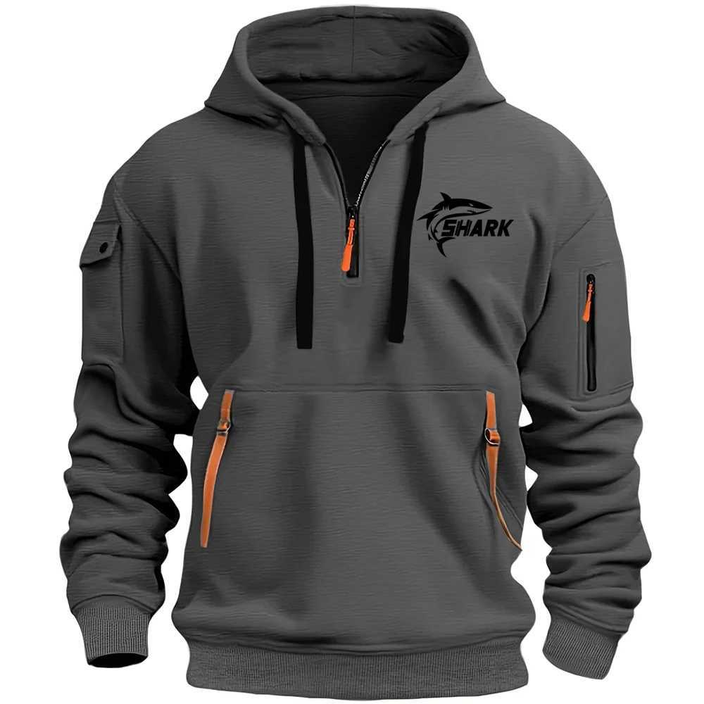 Mens hooded casual sports Pullover retro Harajuku long sleeved zipper multi pocket casual loose jacket streetwear W250408