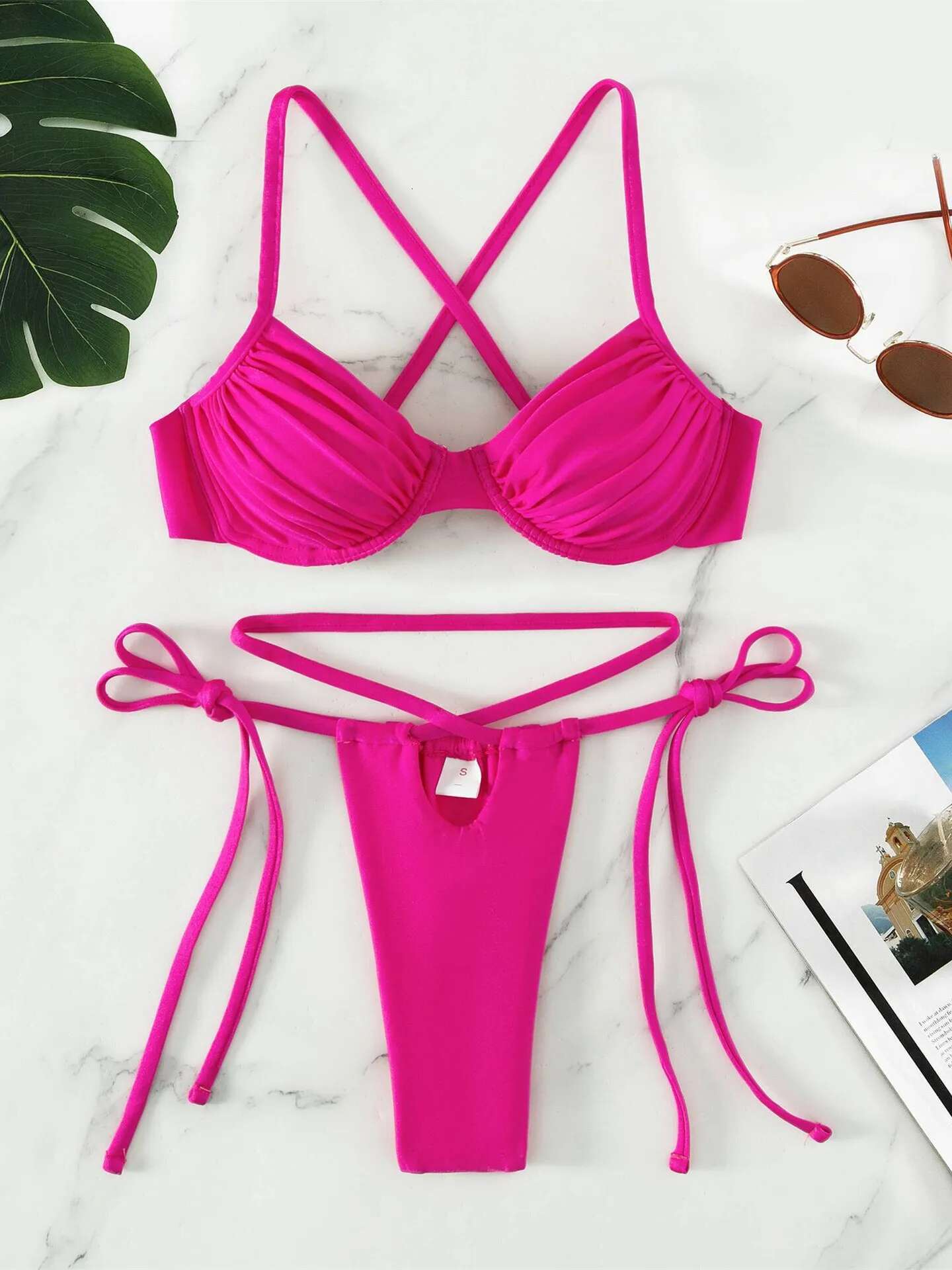 Dongdumaoyi Sexy Underwire Bikini Women Black Pink Pleate Push Up Micro Swimsuit High Cut Bathing Suit Bandage Thong Swimwear Biquini