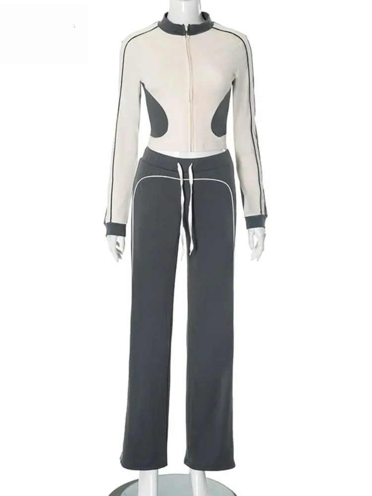 Joskaa Patchwork Sporty Gym Set Women Casual Sleeve Zip Crop Jacket And Drawstring Long Pants Matched Street Tracksuits