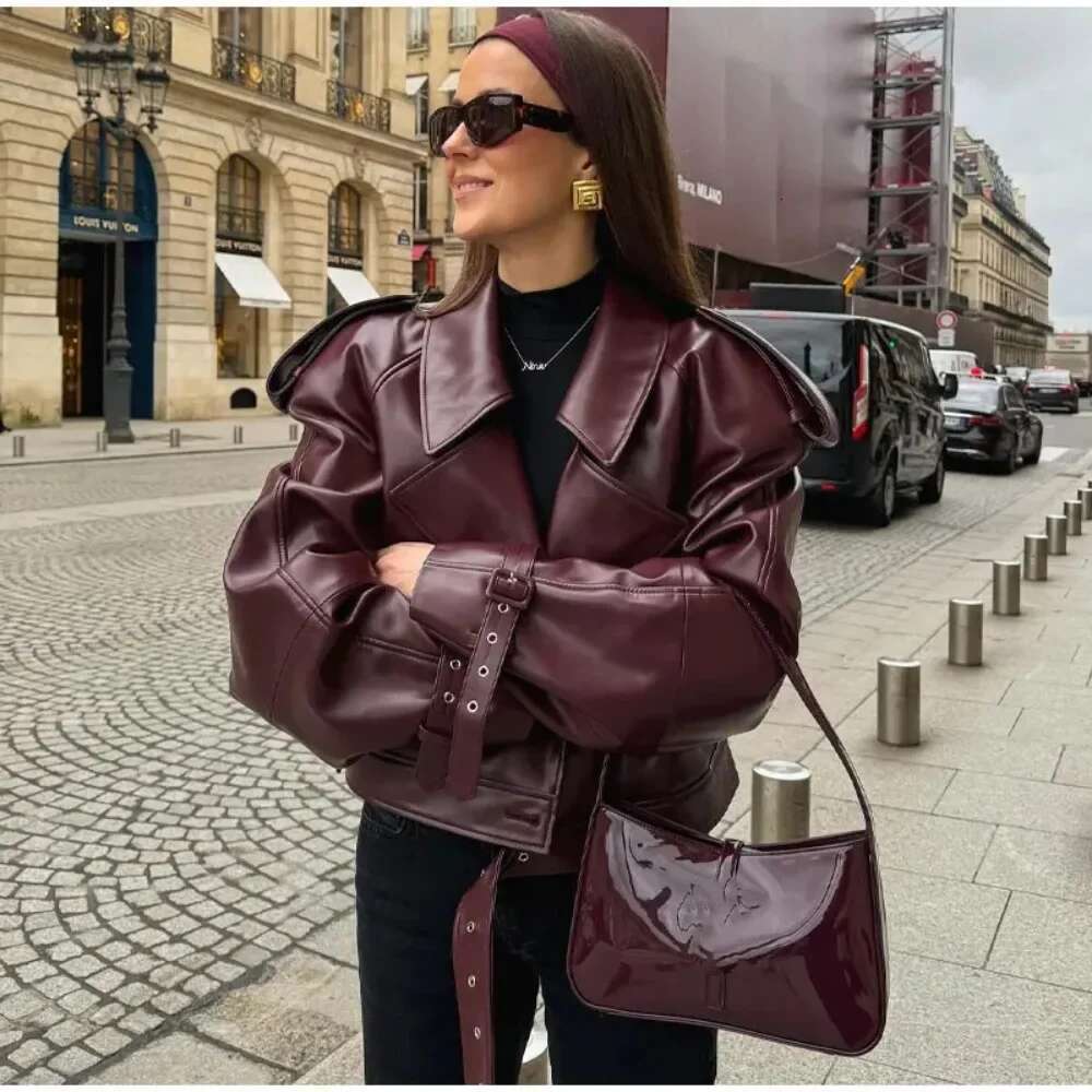 Wine Red Retro PU Autumn And Winter Women's Street Temperament Lapel Tie Warm Slim Fit Office Casual Short Jacket