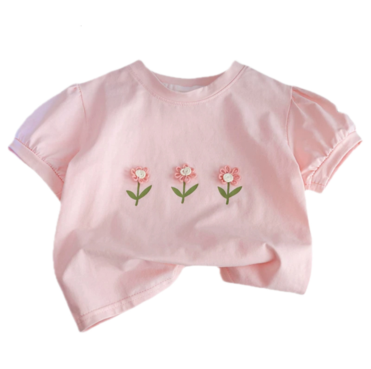 Ddmyshoesvip Girls Short Sleeves Edition Pure Cotton Korean Cute Baby Girl Western Style Three Dimensional Flower Children S T Shirt Summer Fashion