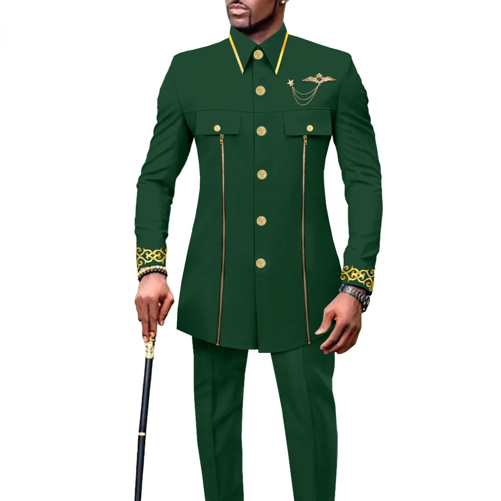 fashion casual African ethnic pure color cotton mens embroidered jacketpants 2 sets of fun suit 250408