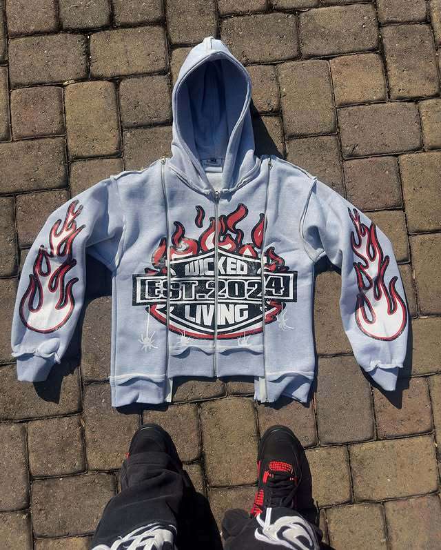 American y2k loose street style unisex spliced flame print pattern pullover hoodie