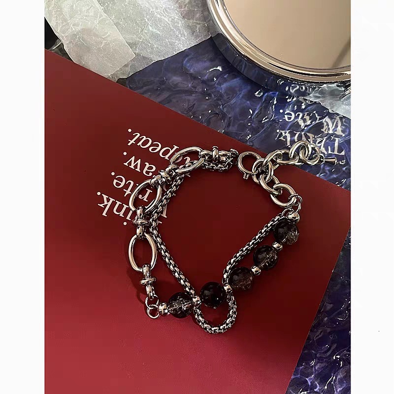 New personalized double-layer chain ice cracked bead stainless steel splicing bracelet for both men and women, niche first accessory