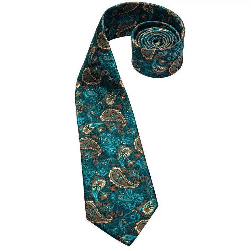 Hi-Tie Luxury Gift Box Classic Paisley Teal Green NeckTie Gentle Mens Tie Handky Cufflinks Set Tie For Men Wedding High Quality X250407
