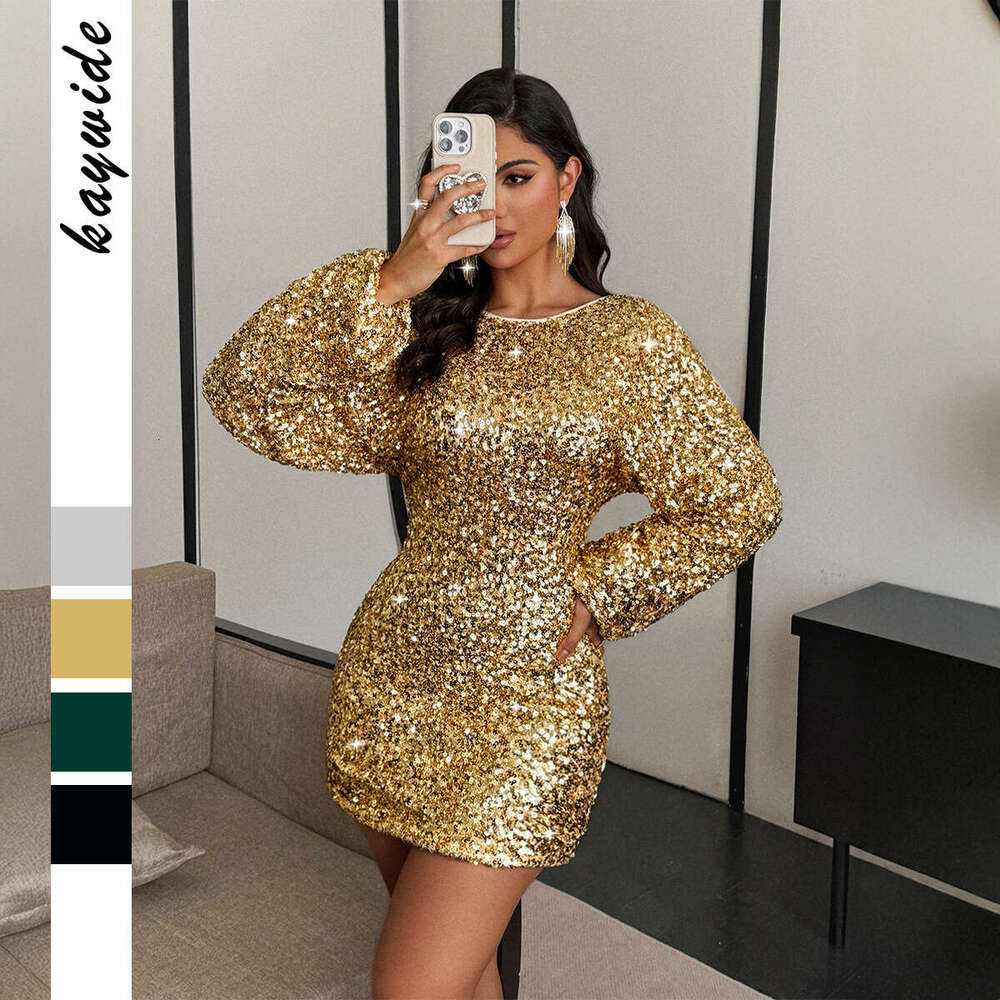 Cross-Border Elegant Sequin Long Sleeve Bodycon Dress Women's Fashion 2025 Autumn Winter