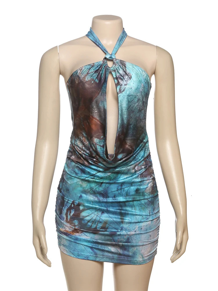 Weird Puss Fashion Print Dress Women Halter Hollow Metal Chains Patchwork Backless Sleeveless Vacation Trend Ruched Mini Bodycon 250408
