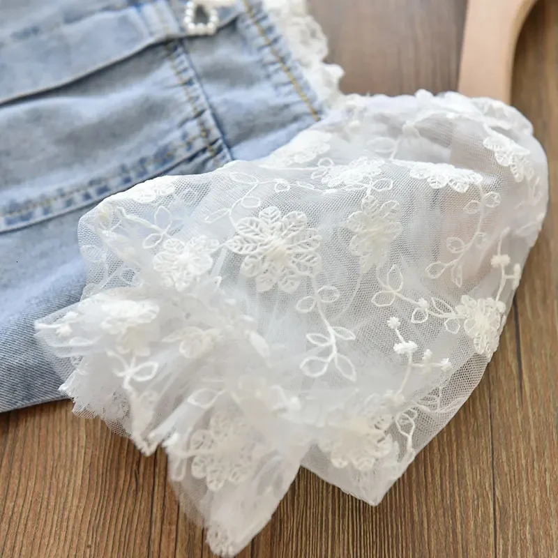 Children Girls Beads Lace Sleeve Denim Dress Toddler Fashion Summer Dresses 250407