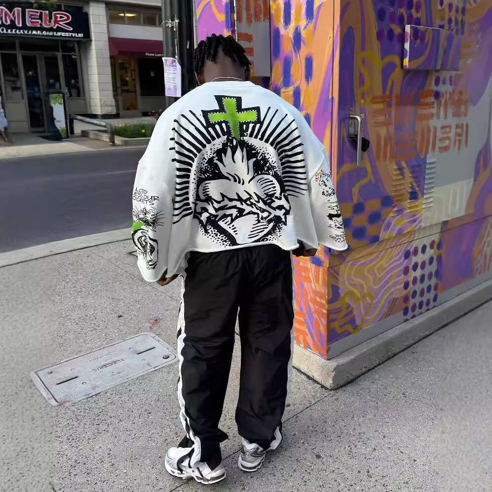 American plus size autumn street graffiti print pattern top, unisex loose streetwear trend clothing gift for boys