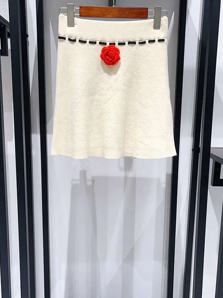 2025 Spring Women Knit Set Three-Dimensional Rose Long Flared Sleeve Sweater Cardigan Or Elastic Waist Ultra Short Skirt Suit