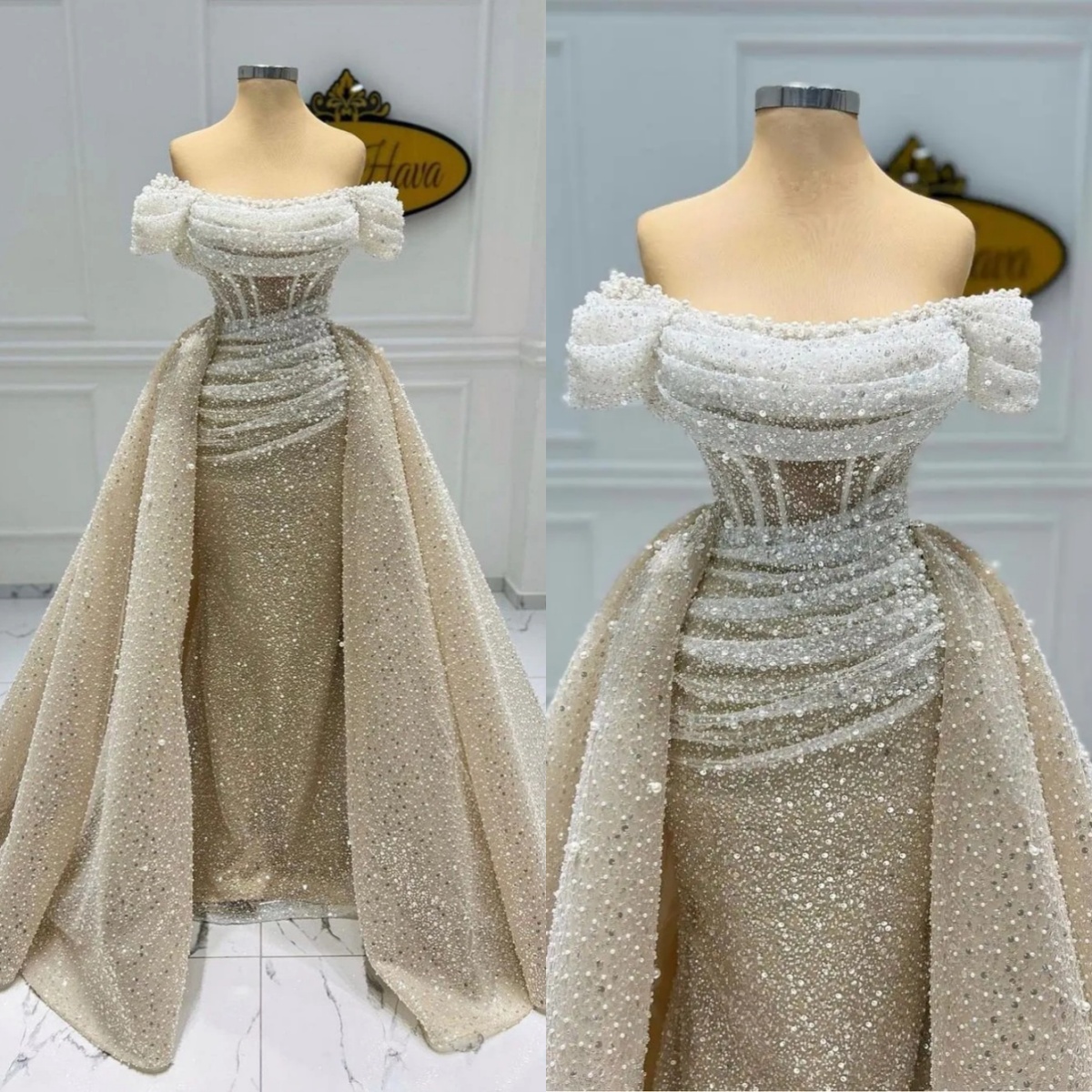 Elegant Mermaid Wedding Dress Pearls Beaded Sequins Off Shoulder Bride Gown Detachable Sweep Train Bridal Dresses Customized