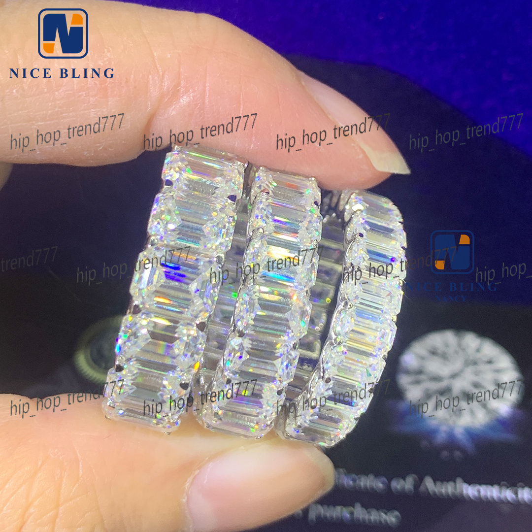 Graceful 925 Silver Gold Plated Women Jewelry Iced Out Classic Emerald Cut Jewelry Eternity Moissanite Diamond Band Ring