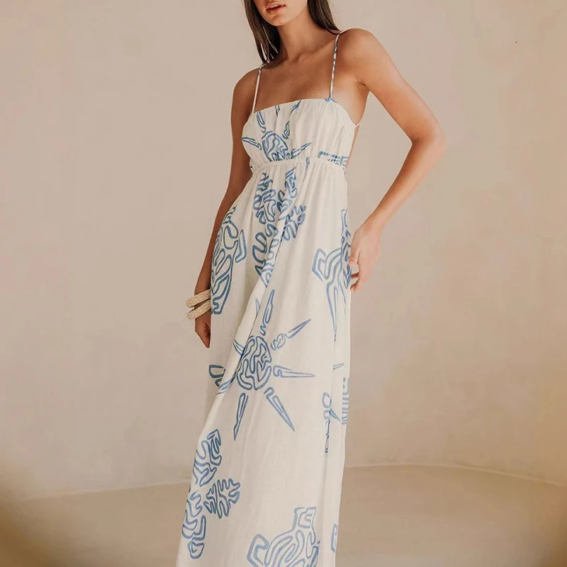Casual pleated swaying womens summer floral print shoulder beach dress sexy hollow sleeveless high waisted long skirt 250401