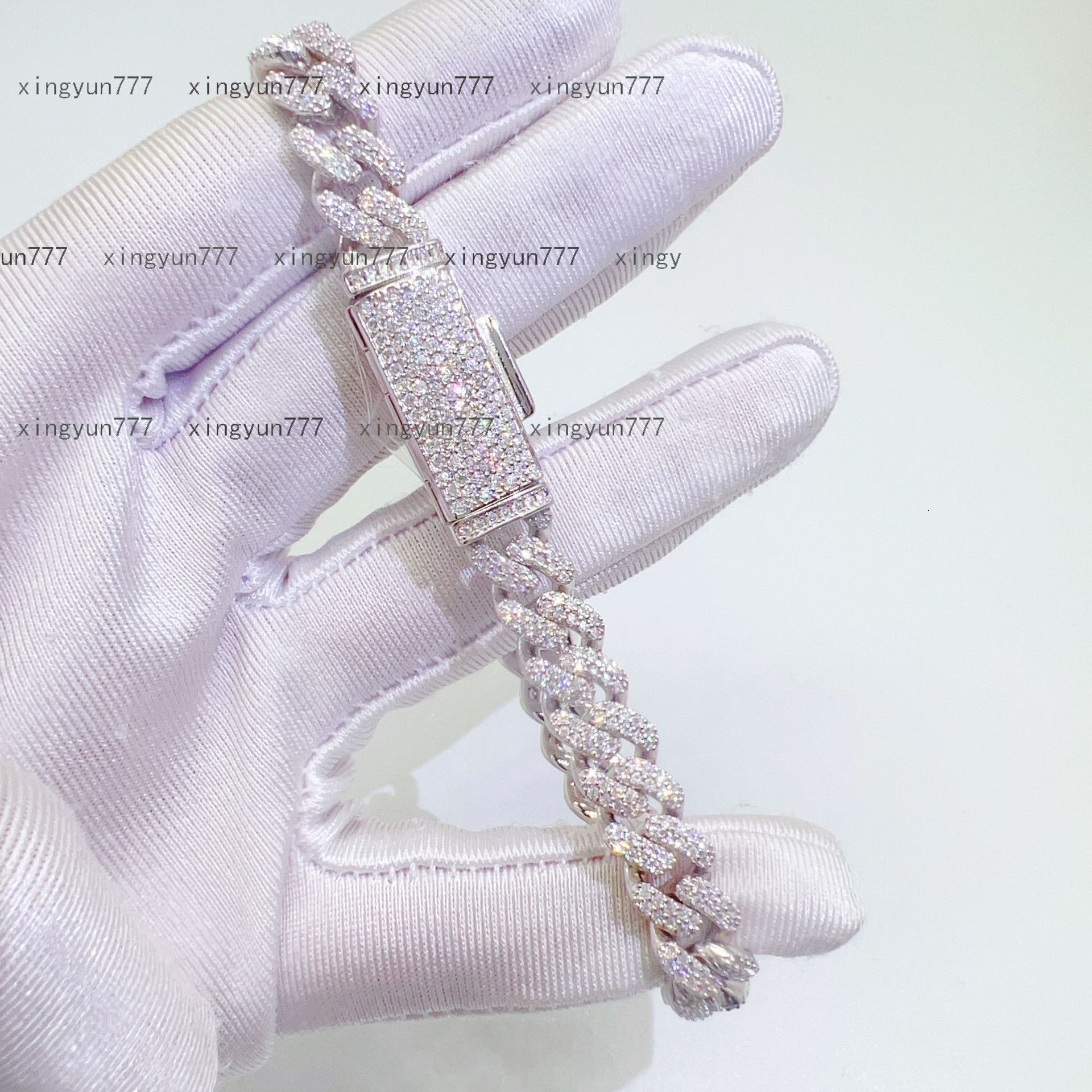 925 Silver Cuban Link Bracelet with Moissanite Diamond Pearl 8mm Thin Two-Row Iced Out Hip Hop Style for Weddings and Gifts