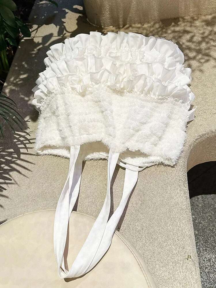 Sweet Multi-Layer Pleated Lace Side Tote Handmade White Special Fabric Shoulder Bag Girls Large Capacity Drawstring Handbag