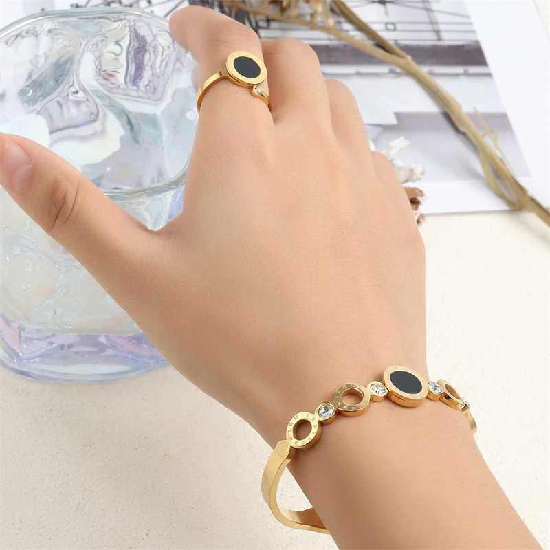 ZAKOL 2-piece Womens Fashion Bracelet Ring Black Acrylic Roman Digital Stainless Steel Couple Bracelet Jewelry Set Gift Y250408