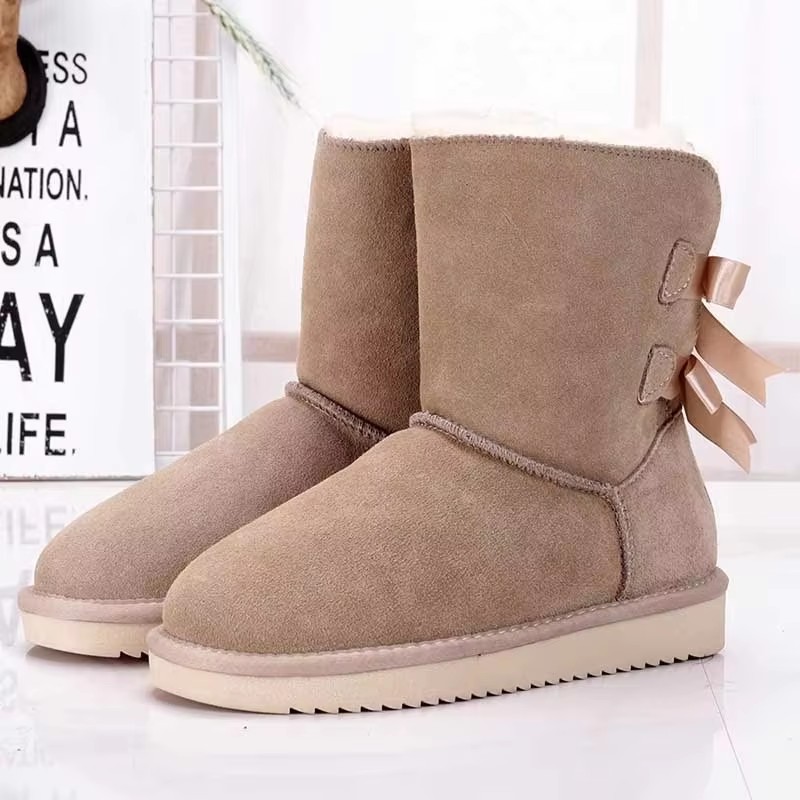Designer shoes high quality genuine cowhide boots with double bow and warm outdoor snow boots for woman size 34-43