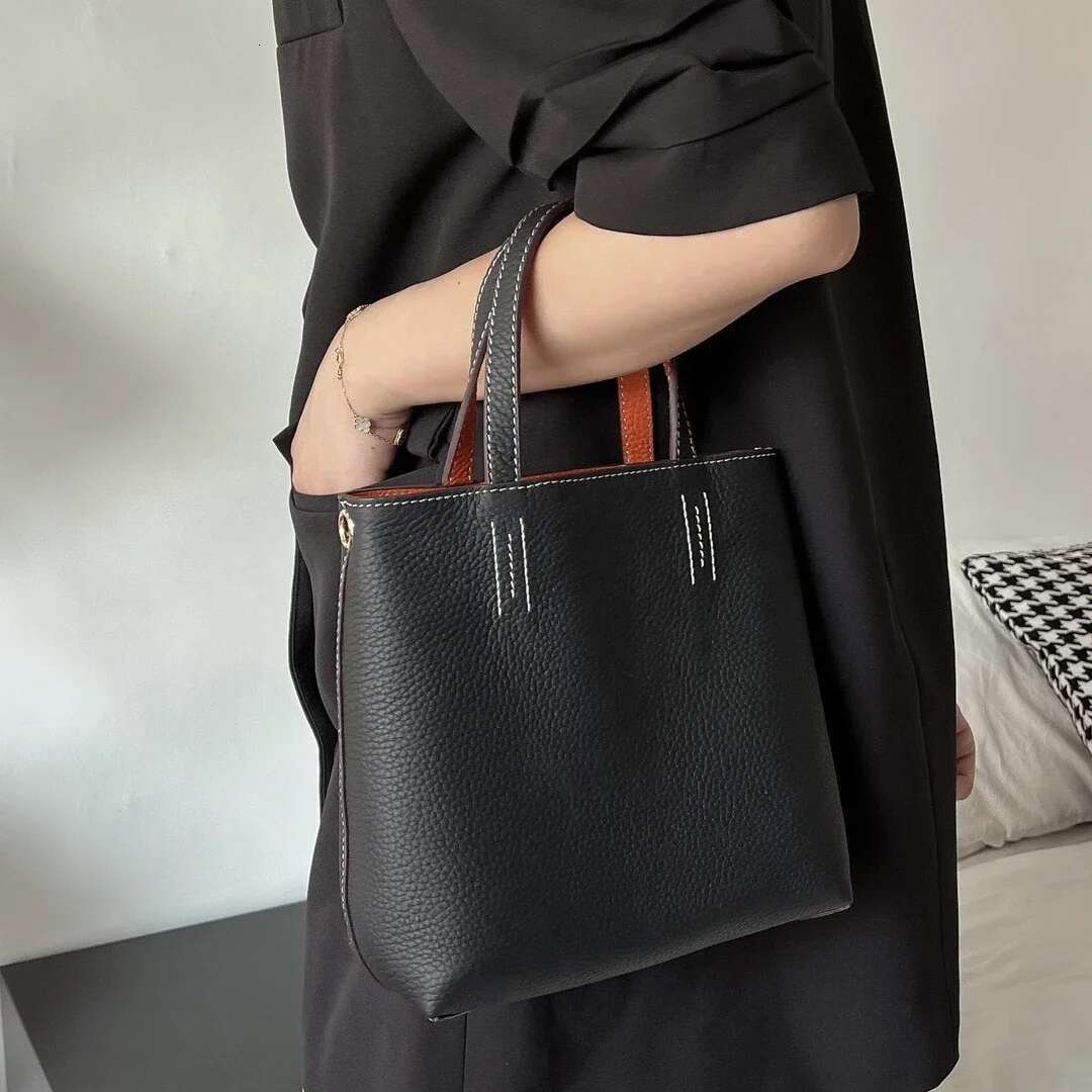 Double Sided Leather Tote Small Shopping Single Shoulder Crossbody Bag Handbag Women's Soft Top Layer Cowhide