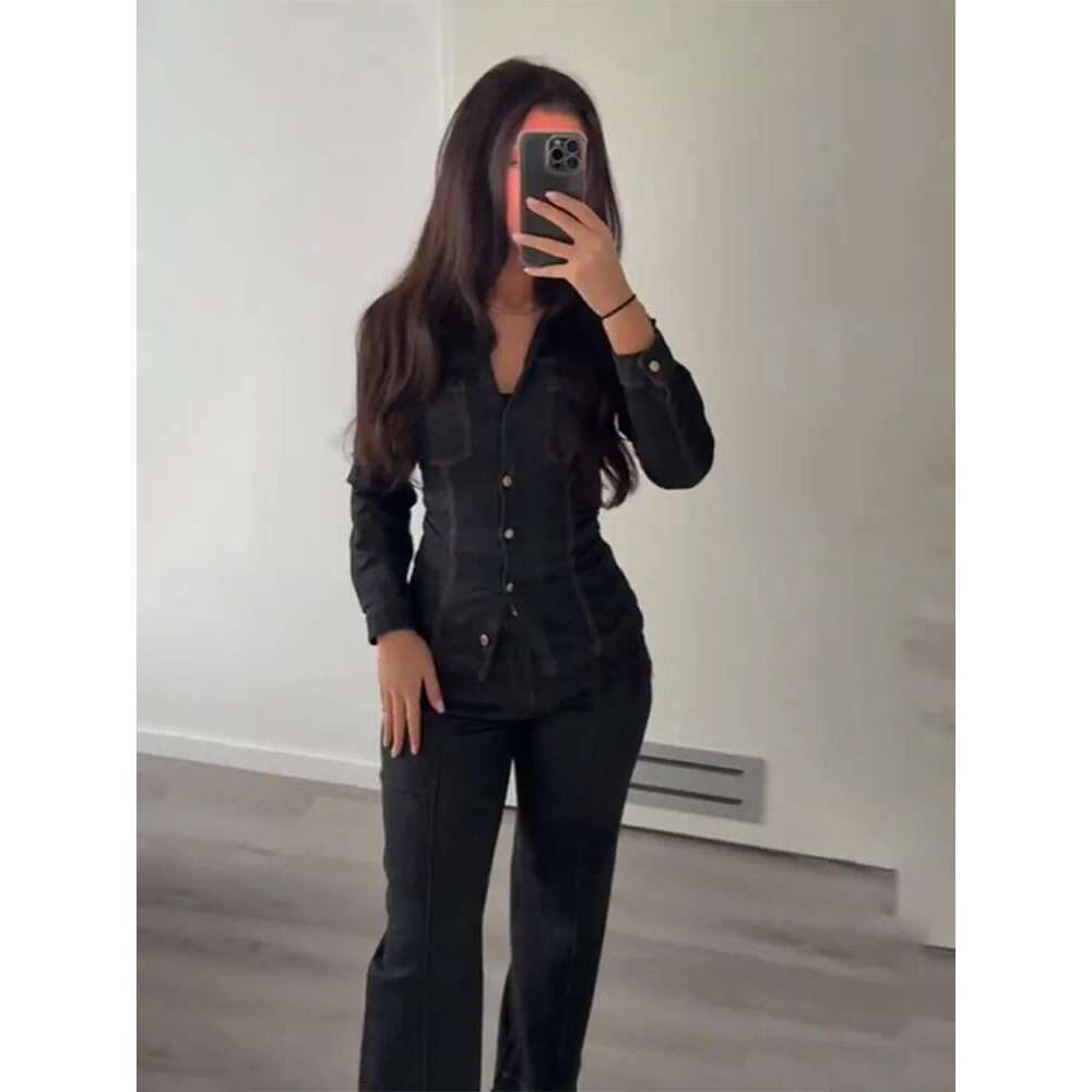 Fashion Denim Women Laple Slim Fit Blouse High Waist Pants Suit Women's Single Breasted Pockets Shirts Long Pant Set Lady Outfit