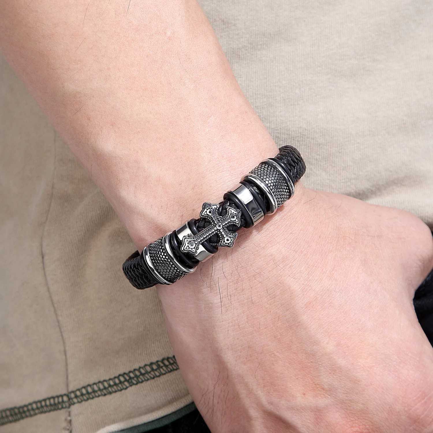 Fashion Religious ity Cross Bangles with Charms Chakra Men Classic Punk Leather Bracelet M Braided Mtilayer BracelC250408