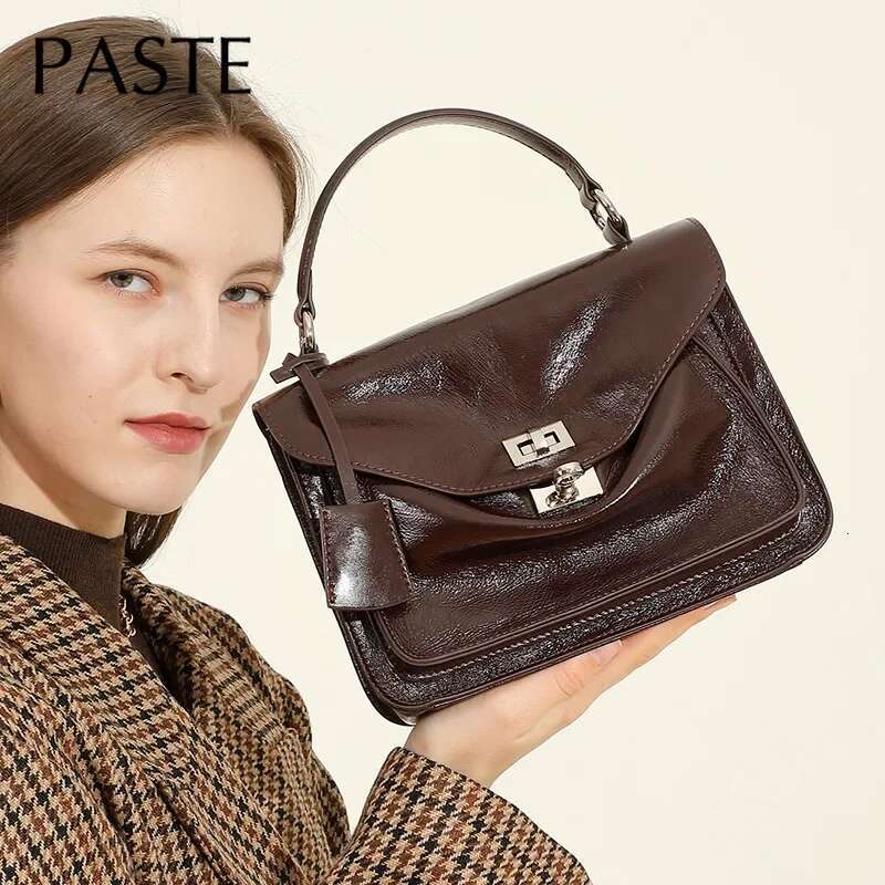 New Vintage England Style Small Sactchel Tote Wine Red Sier Color Glossy Oil Wax Cowhide Leather Women Messenger Bag