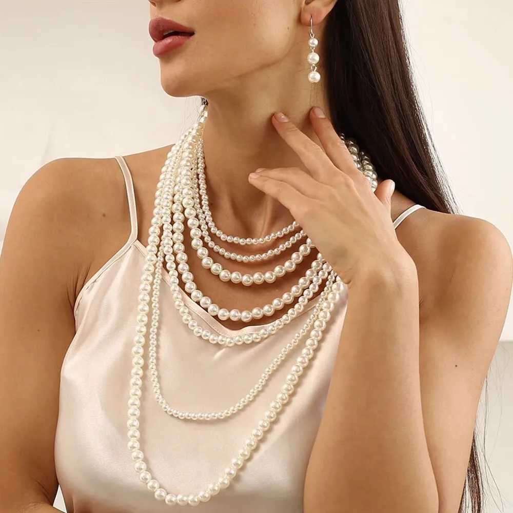 Fashiona Elegant Multi-layer Imitation Pearl Handmade Beaded Statement Necklace Women Wedding Party Accessories Sweater ChainC250407