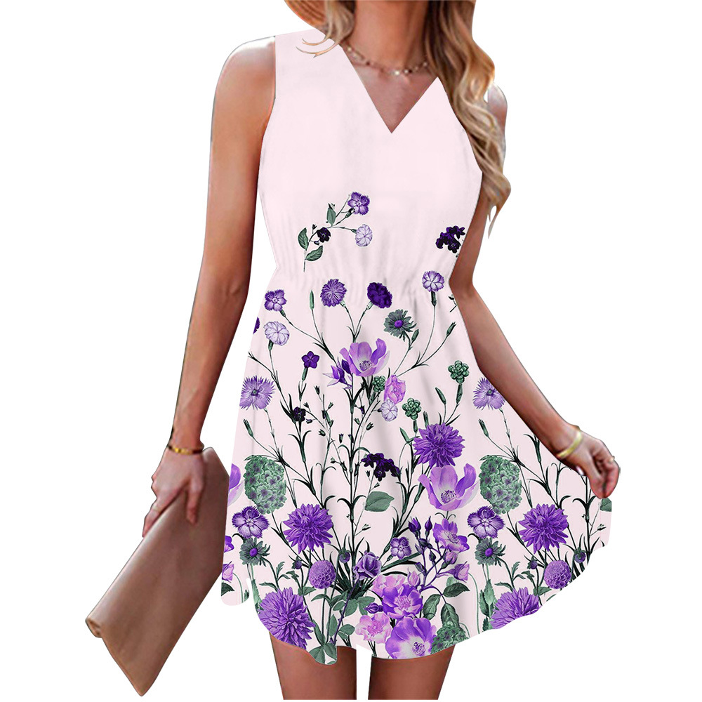 S441Stylish V-Neck Sleeveless Printed Mini Dress for Women - Ideal for International Markets