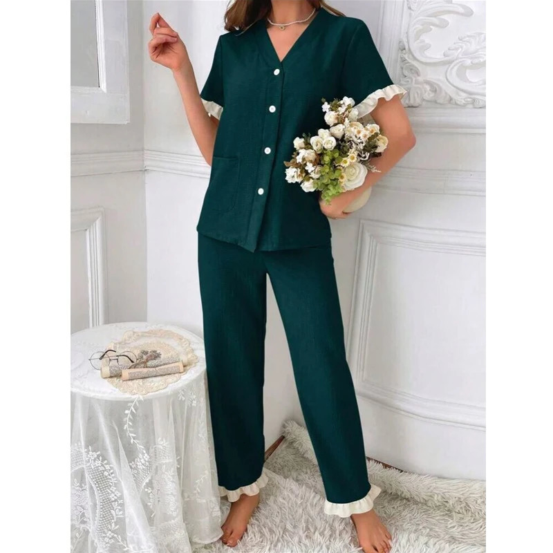 Stylish Solid Color Short Sleeve Pajama Set Button Up V-Neck Top Elastic Shorts Womens Comfortable Soft Homewear Loungewear Pjs 250408
