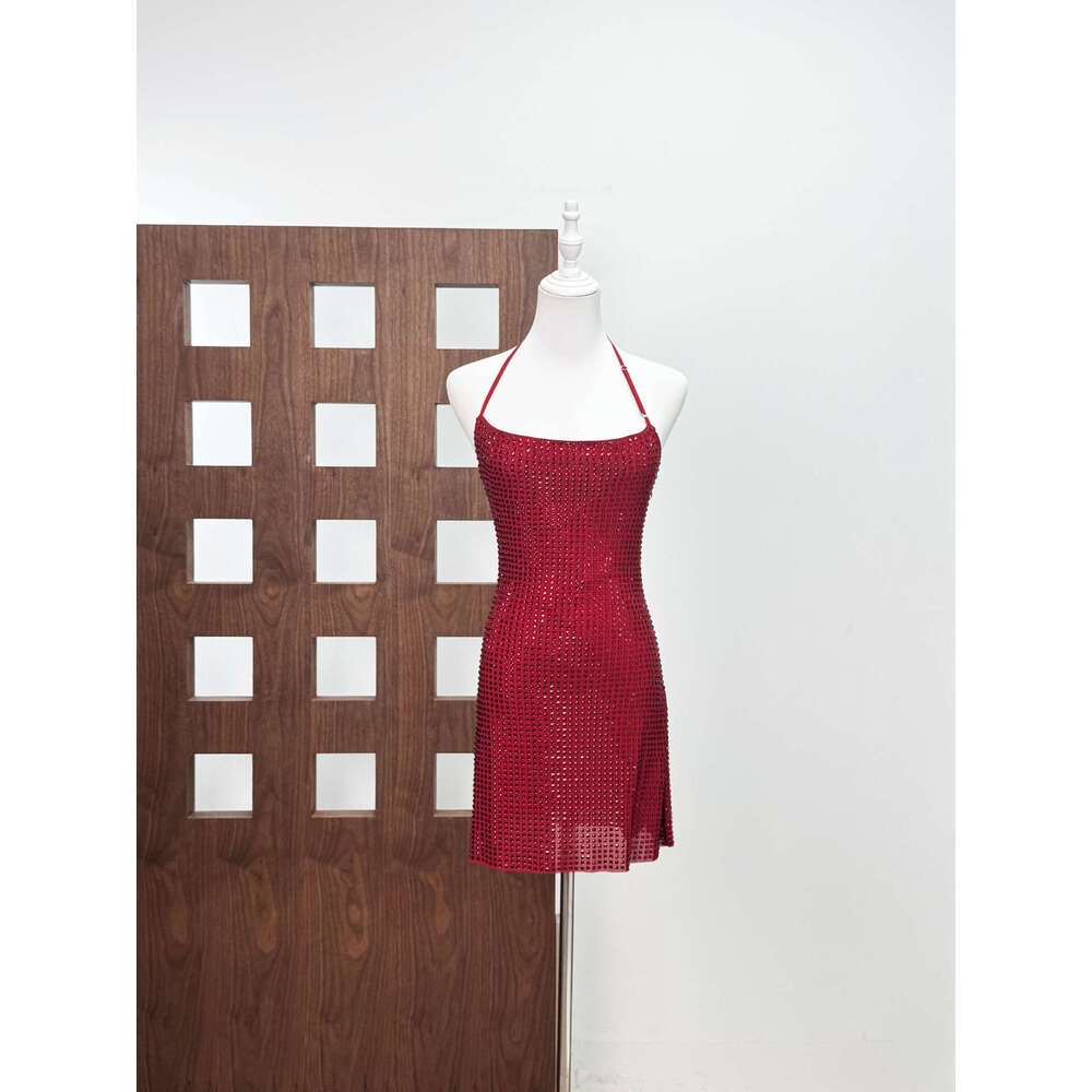 French Style Light Luxury High-End Rhinestone Halter Sexy Backless Slim Waist Tube Top Bodycon Short Dress