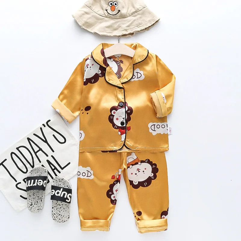 Toddler Girls Silk Satin Pajamas Sets Cartoon Kids Boys Pyjamas Baby Sleepwear Suit Girl Casual Home Wear Clothes Boy Loungewear 250407