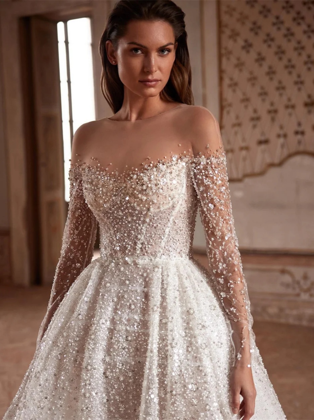 Gorgeous A Line Wedding Dresses Pearls Sequins Beaded Off Shoulder Bride Dress Long Sleeve Graceful Bridal Dress Customized