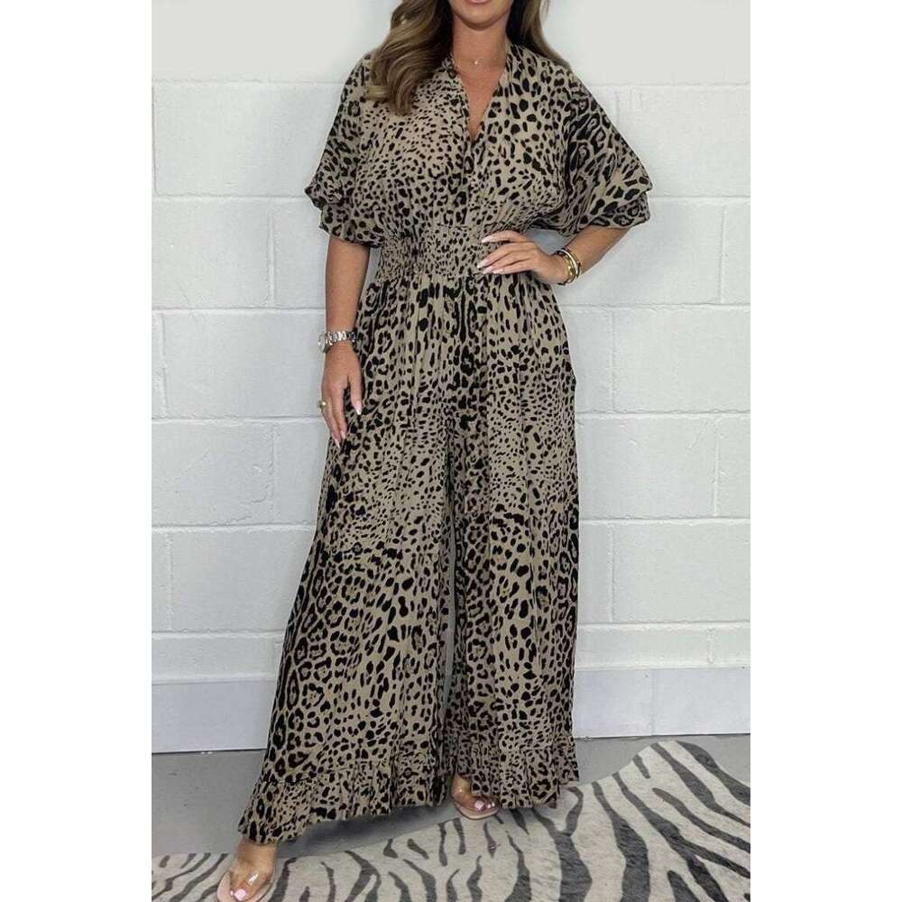 European American women's fashion leopard print casual wide leg jumpsuit 2025 new style chic and elegant clothing