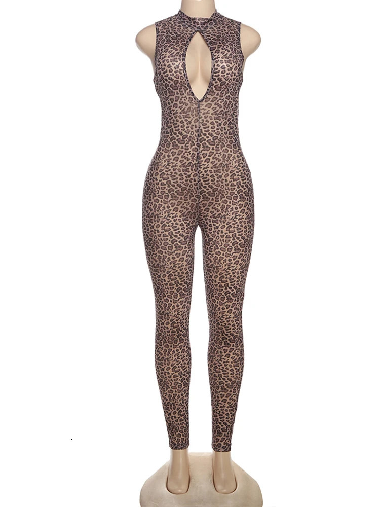 Nibber SKinny Hollow Jumpsuit Women See Through Sexy Leopard Print Sleeveless Hipster Street Midnight Party Workout Overalls 250407